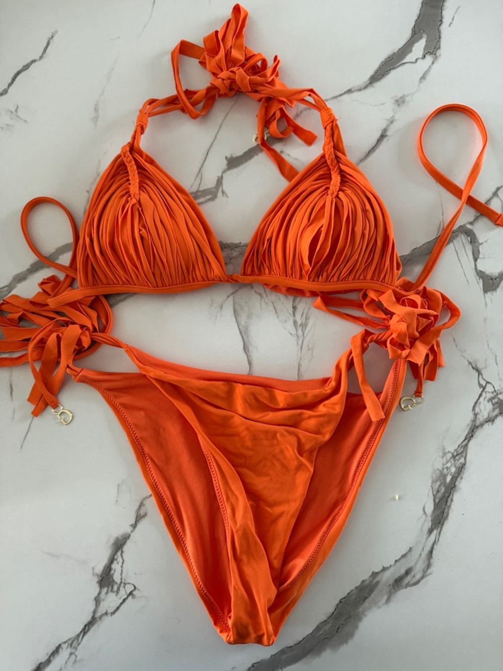 Guess Orange Tassel Side-Tie Triangle Bikini Set